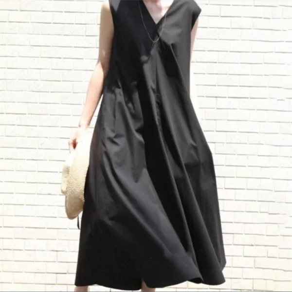 Linen Summer Maxi Dress Casual Loose Minimalist V-Neck Women - Image 4