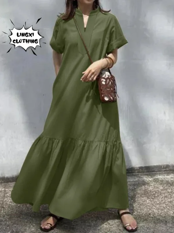 Elegant Cotton Linen V-Neck Fishtail A-Line Long Summer Dress Fashion Wear - Image 2