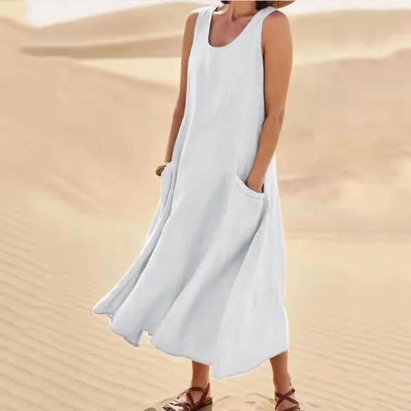 Women Cotton Linen Sundress Summer Sleeveless Loose Pocket Long Dress - Image 3