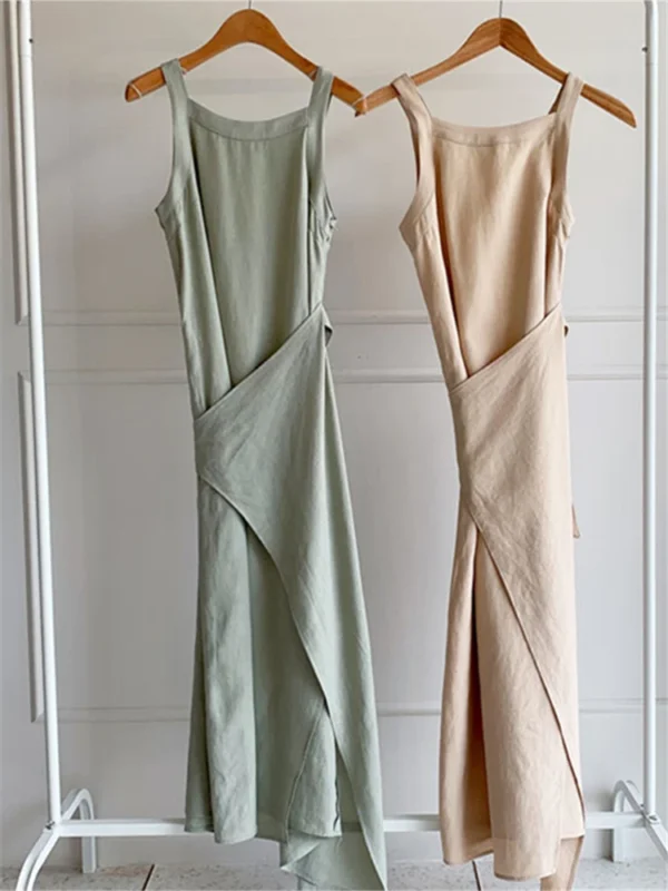 Summer Cotton Linen Sleeveless Maxi Dress Women Vintage Lace Up - Image 6
