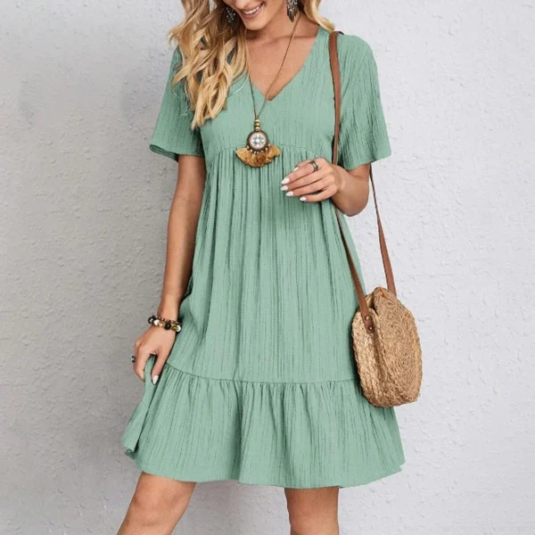 European Style Linen Blend V-Neck Sleeveless Belted Dress - Image 2