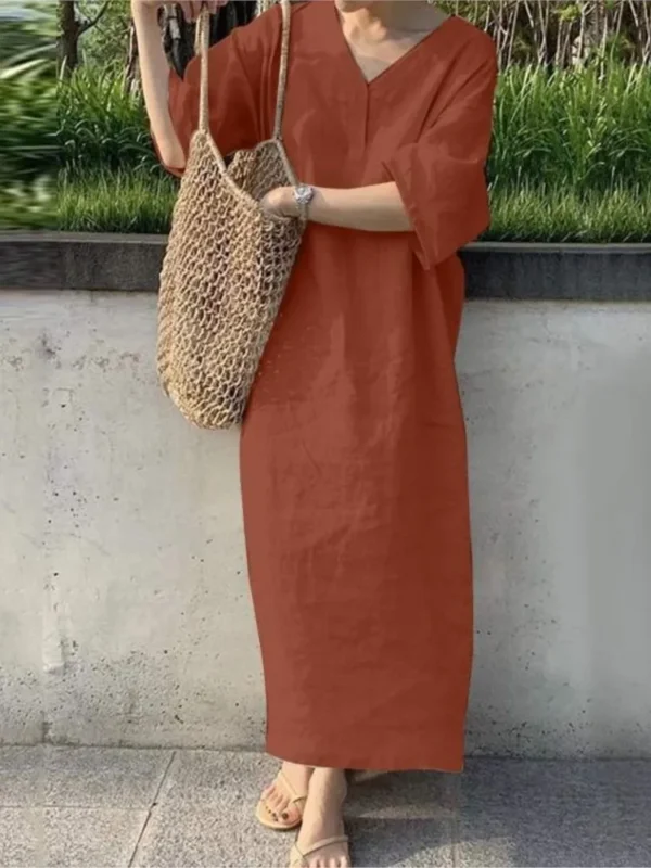 Women V Neck Cotton Linen Maxi Dress Short Sleeve Casual Beachwear - Image 2