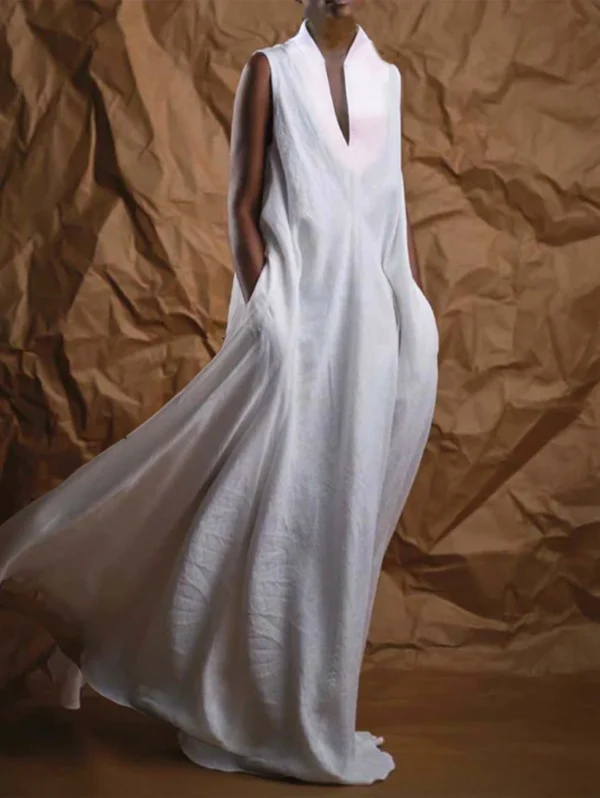 Elegant Linen Maxi Dress Women Sleeveless V Neck Casual Fashion - Image 5