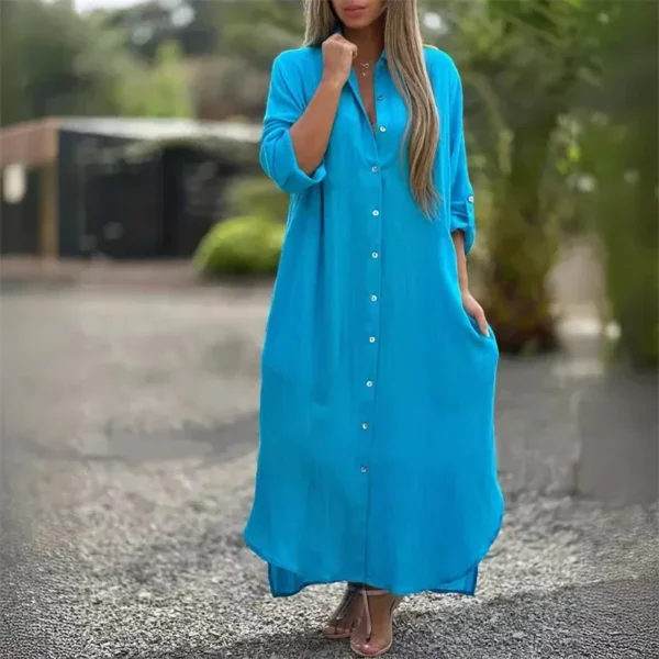 Cotton Linen Cardigan Dress Women Lapel Long Sleeve Pockets - Image 3
