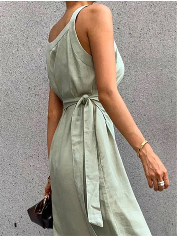 Summer Cotton Linen Sleeveless Maxi Dress Women Vintage Lace Up - Image 5