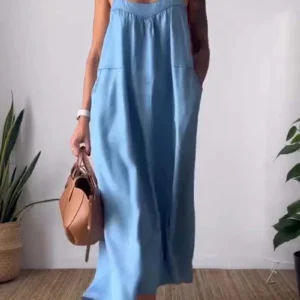 Loose Cotton Linen Sleeveless Strap Dress Women Casual Beachwear