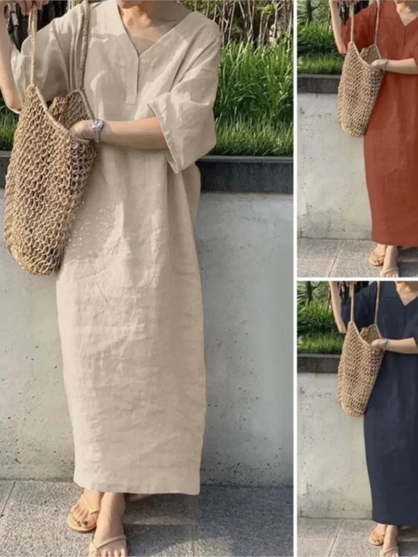Women V Neck Cotton Linen Maxi Dress Short Sleeve Casual Beachwear - Image 6