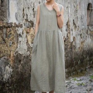 Casual A-line Dresses Women Cotton Linen V Neck Tie Dye Loose Summer Dress