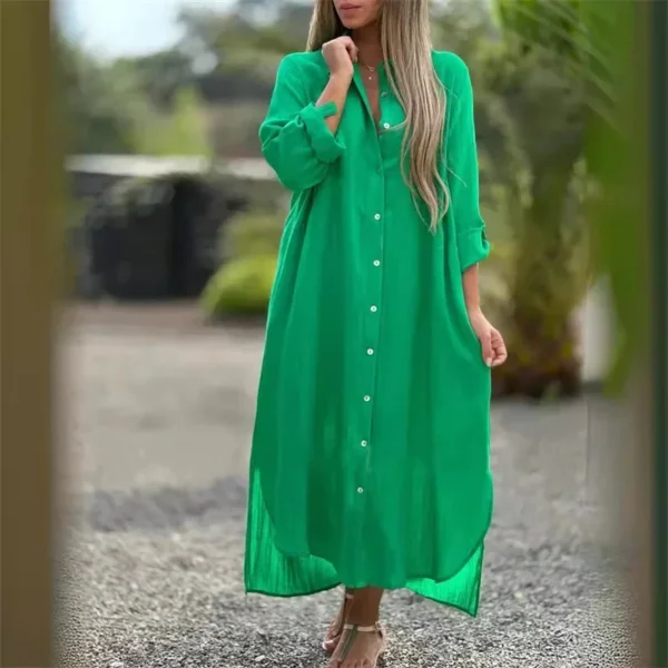 Cotton Linen Cardigan Dress Women Lapel Long Sleeve Pockets - Image 4