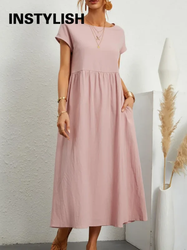 Vintage Cotton Linen Oversized Midi Dress For Summer Y2K Style - Image 3