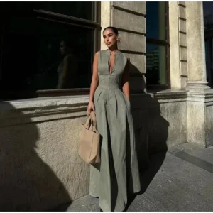 Sleeveless Women Maxi Dress Linen V-Neck Slim Elegant Summer Dress