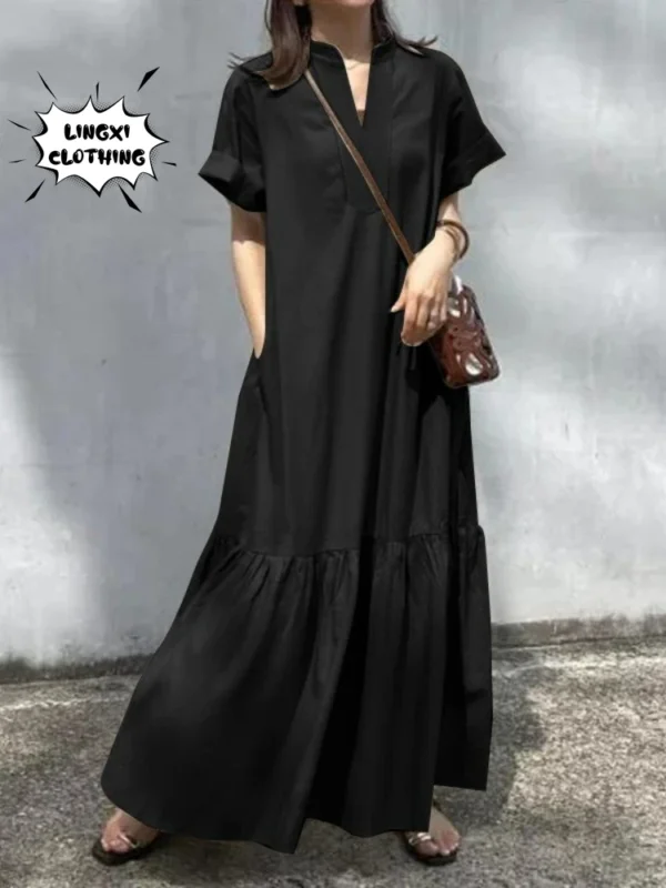 Elegant Cotton Linen V-Neck Fishtail A-Line Long Summer Dress Fashion Wear - Image 4