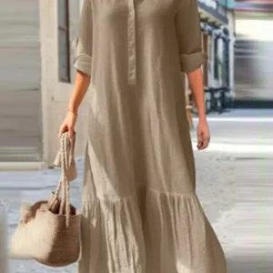 Cotton Linen Long Sleeve Dress Women Casual Loose Ruffle Shirt Style