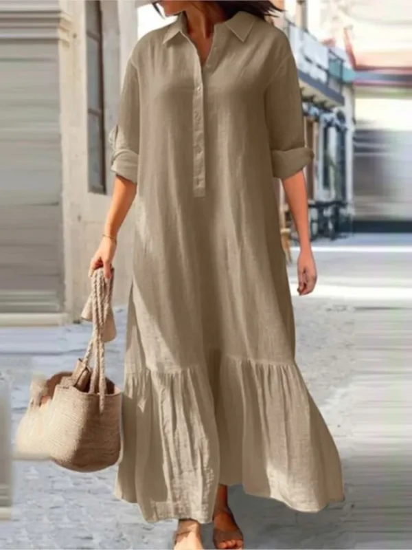 Cotton Linen Long Sleeve Dress Women Casual Loose Ruffle Shirt Style