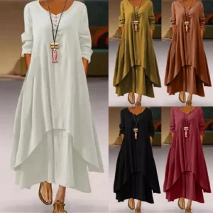 Long Sleeve Loose Long Dress Female Linen Elegant Boho Vintage Style