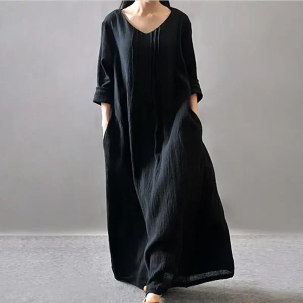 Autumn Cotton Linen Vintage Maxi Shirt Dress For Women Casual Wear - Image 3