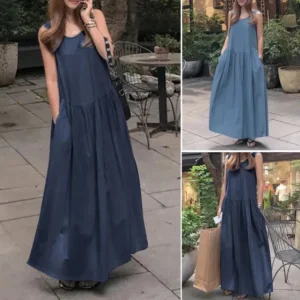 Cotton Linen Long Maxi Dress Summer Women Loose Fit Pocket Sundress