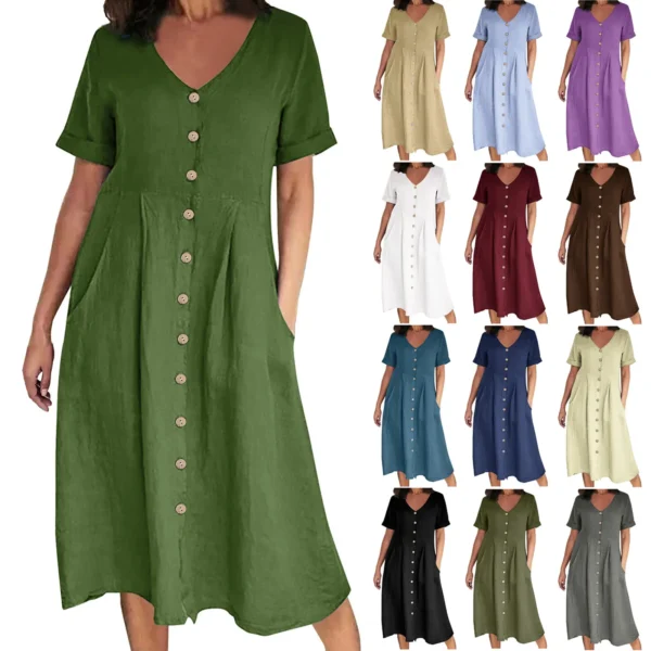 Women’s V Neck Cotton Linen Button Short Sleeve Summer Dress - Image 2