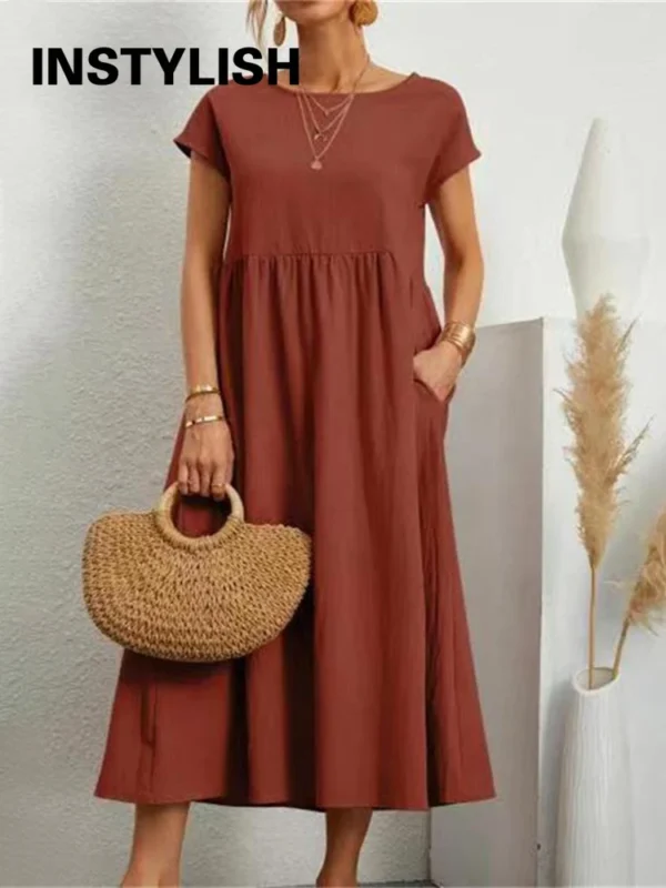 Vintage Cotton Linen Oversized Midi Dress For Summer Y2K Style - Image 5