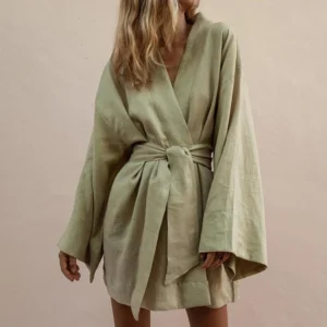 Spring Cotton Linen Belted Long Sleeve Kimono Shirt Dress Elegant Casual