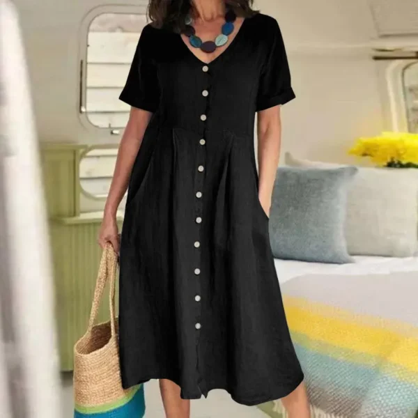 Women’s V Neck Cotton Linen Button Short Sleeve Summer Dress - Image 3