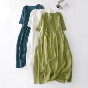 1940s Linen Pleated Long Dress For Women Retro Slim V-Neck Style