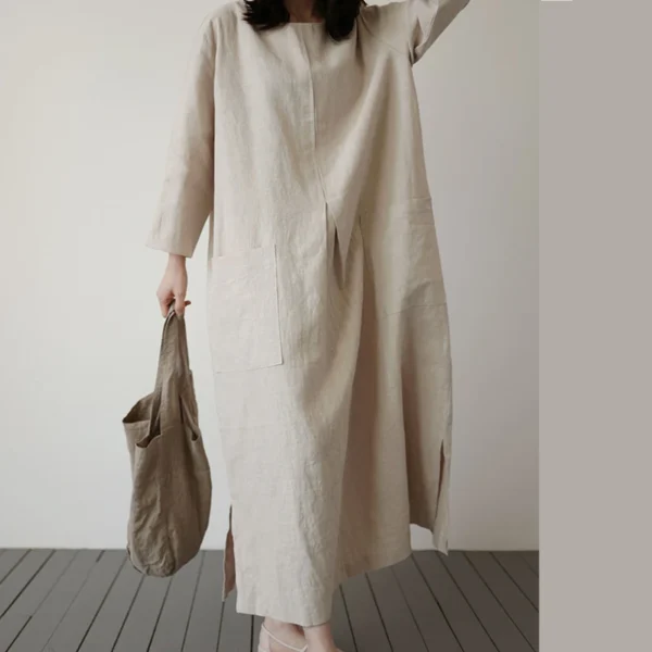 Women Cotton Linen Loose Long Dress With Pockets Summer Wear - Image 3