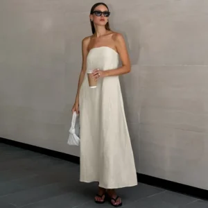 French Khaki Strapless Cotton Linen Dress Women High Waist Holiday