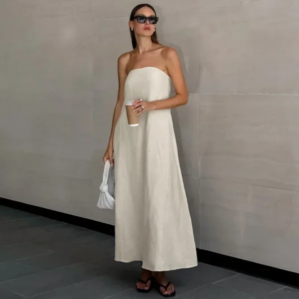 French Khaki Strapless Cotton Linen Dress Women High Waist Holiday