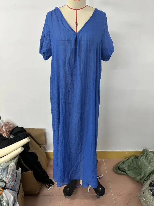 Sexy V Neck Cotton Linen Maxi Dress Loose Summer Homewear Outfit Style - Image 5