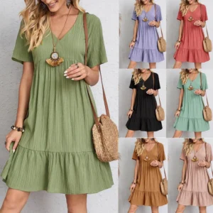 European Style Linen Blend V-Neck Sleeveless Belted Dress