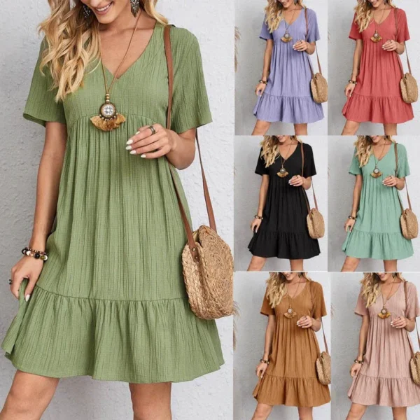 European Style Linen Blend V-Neck Sleeveless Belted Dress