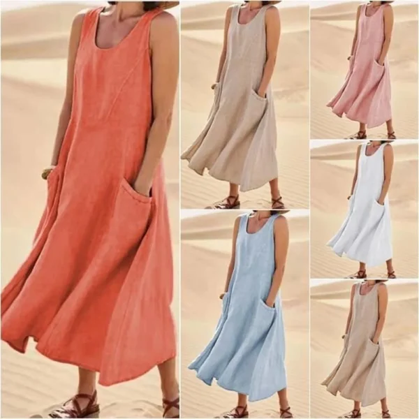 Women Cotton Linen Sundress Summer Sleeveless Loose Pocket Long Dress - Image 2