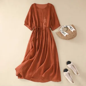 Women Boho Embroidery Cotton Linen Maxi Dress Summer Beach Party